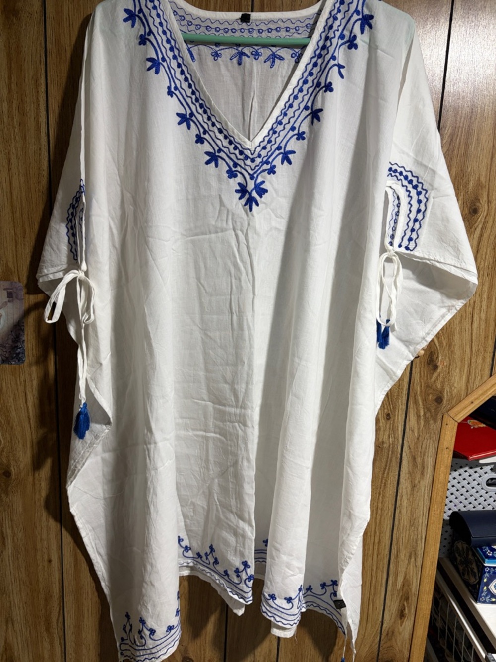 2 Chic Embroidered V-Neck White Cover Up with Blue Accents